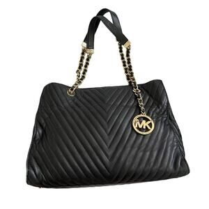 Michael Kors Susannah Chevron Quilted Leather Large Tote Handbag in Black Gold